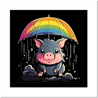 Pot-Bellied Pig Rainy Day With Umbrella Posters and Art